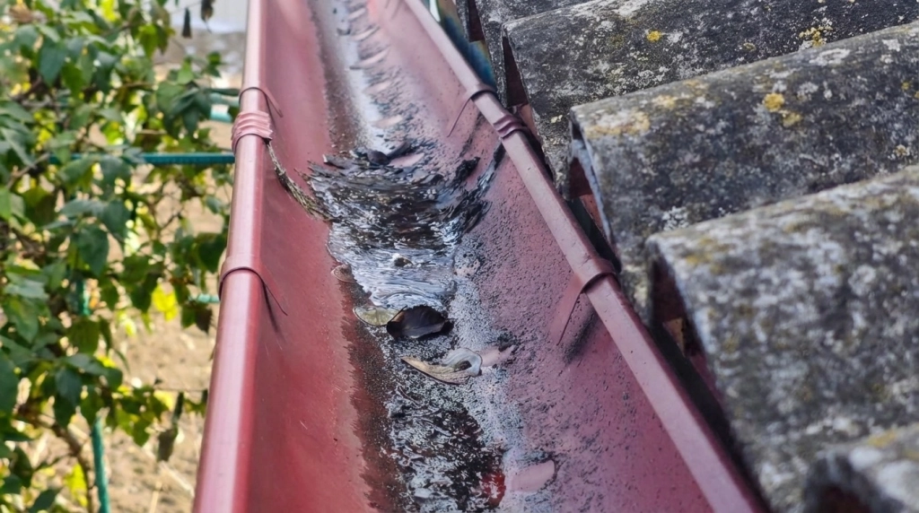 Gouttière percée et encrassée sur une toiture dans les Alpes-Maritimes — cause fréquente d'infiltration